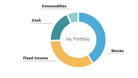 Graphical representation of an investment portfolio that includes commodities, cash, fixed income, and stocks.